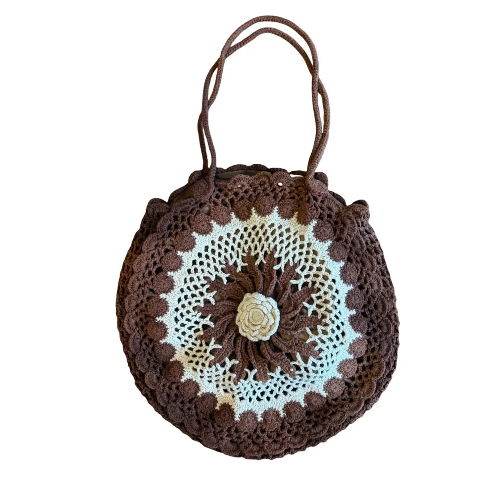 Bebe Crochet Circle Bag Purse Brown Boho Floral Hippie 70s Retro Cottagecore - Picture 1 of 7